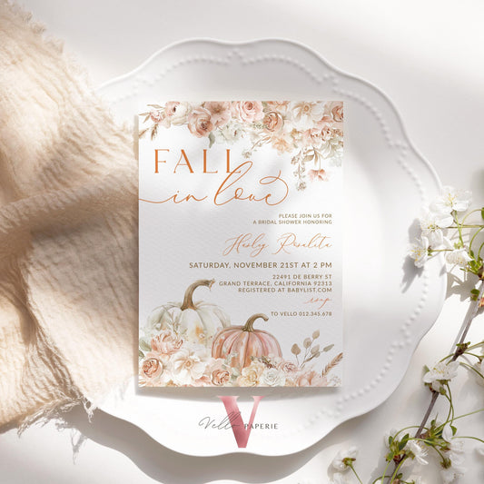 Pumpkin Fall In Love Bridal Shower Invitation | Editable Autumn Flower Bride Shower Invite | Modern Terracota Rustic Flower Wedding Shower
