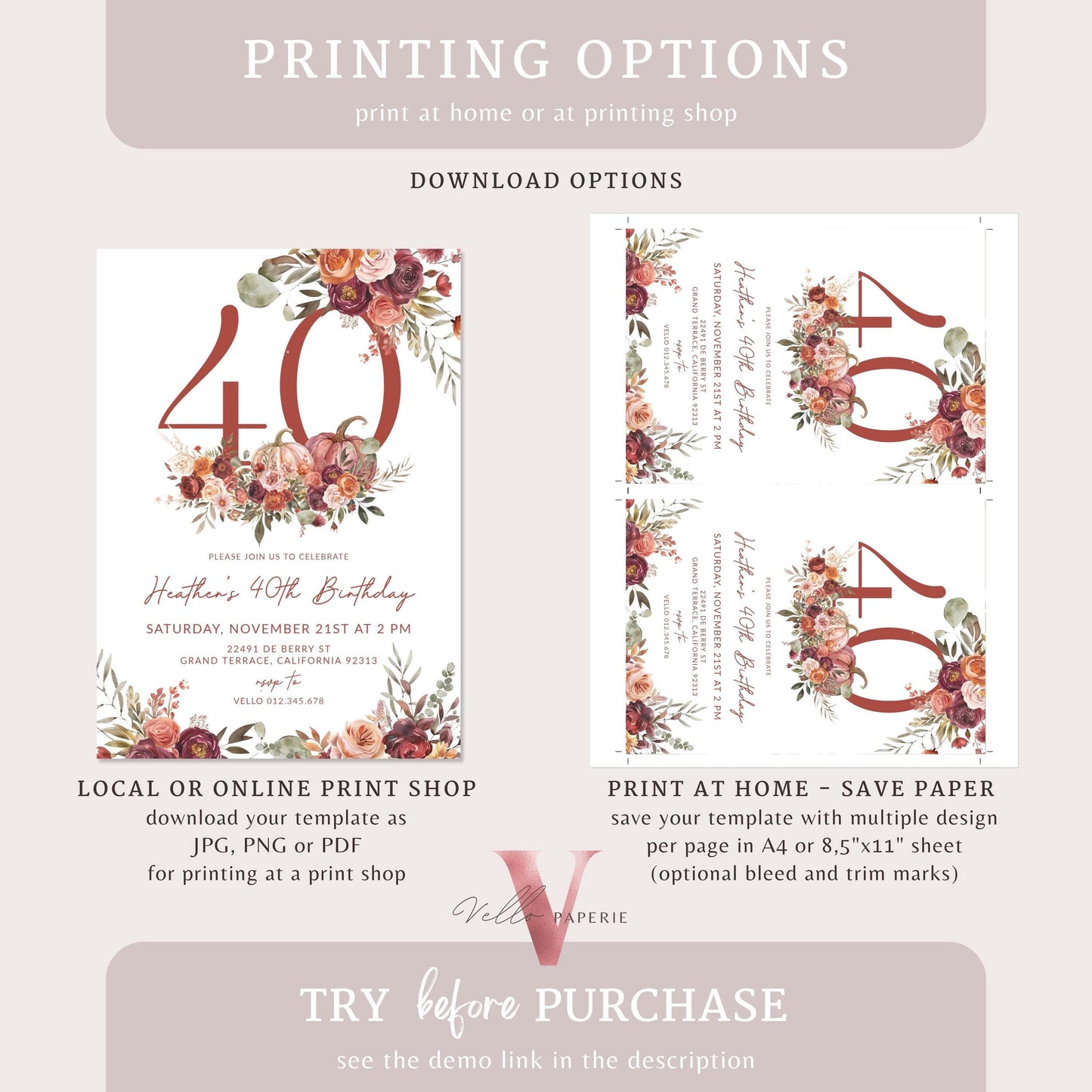 FALL Pumpkin EDITABLE AGE Number Birthday Party Invitation | Autumn Floral Pumpkin Birthday Invite | Modern Burgundy Terracota Floral Autumn