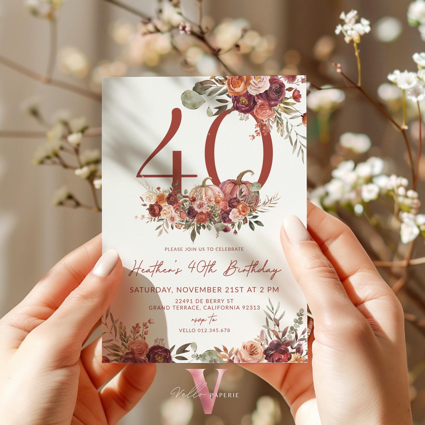 FALL Pumpkin EDITABLE AGE Number Birthday Party Invitation | Autumn Floral Pumpkin Birthday Invite | Modern Burgundy Terracota Floral Autumn