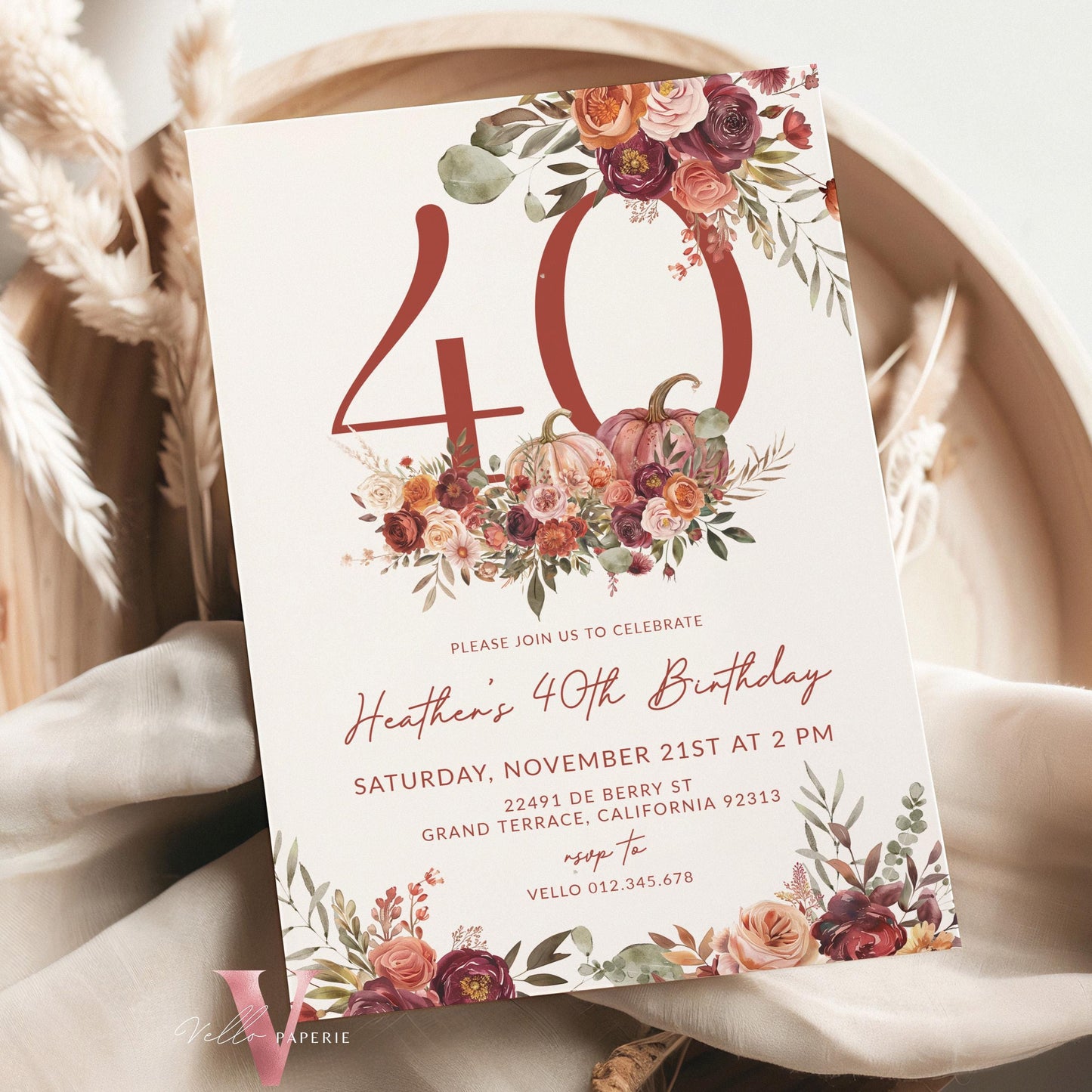 FALL Pumpkin EDITABLE AGE Number Birthday Party Invitation | Autumn Floral Pumpkin Birthday Invite | Modern Burgundy Terracota Floral Autumn
