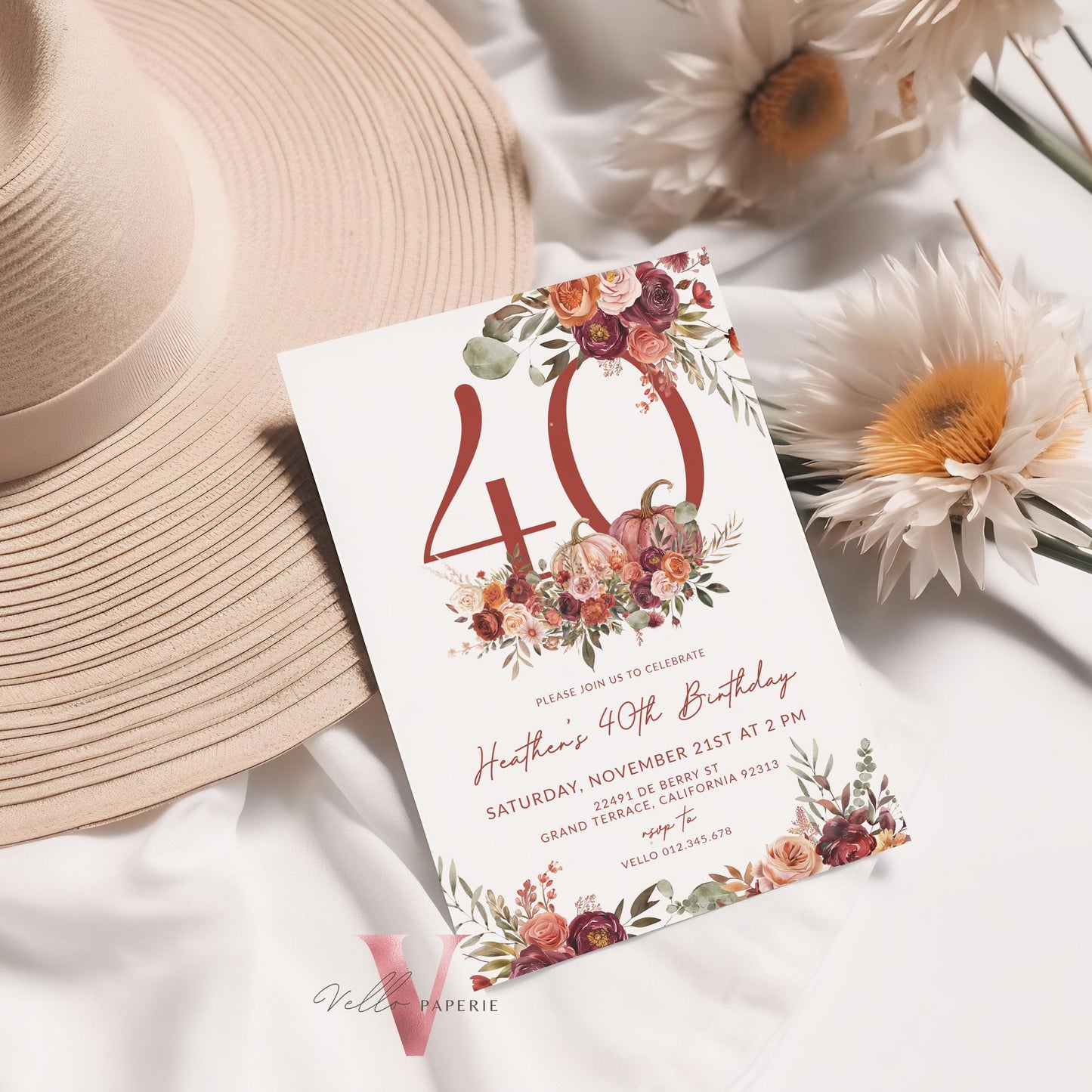FALL Pumpkin EDITABLE AGE Number Birthday Party Invitation | Autumn Floral Pumpkin Birthday Invite | Modern Burgundy Terracota Floral Autumn