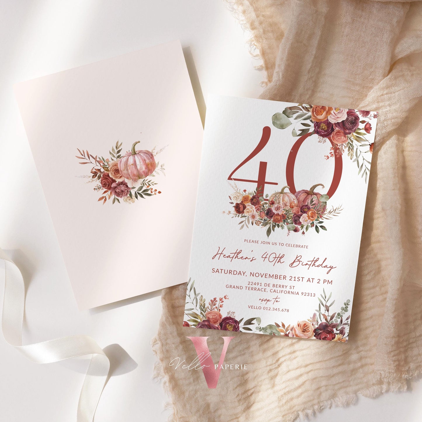 FALL Pumpkin EDITABLE AGE Number Birthday Party Invitation | Autumn Floral Pumpkin Birthday Invite | Modern Burgundy Terracota Floral Autumn
