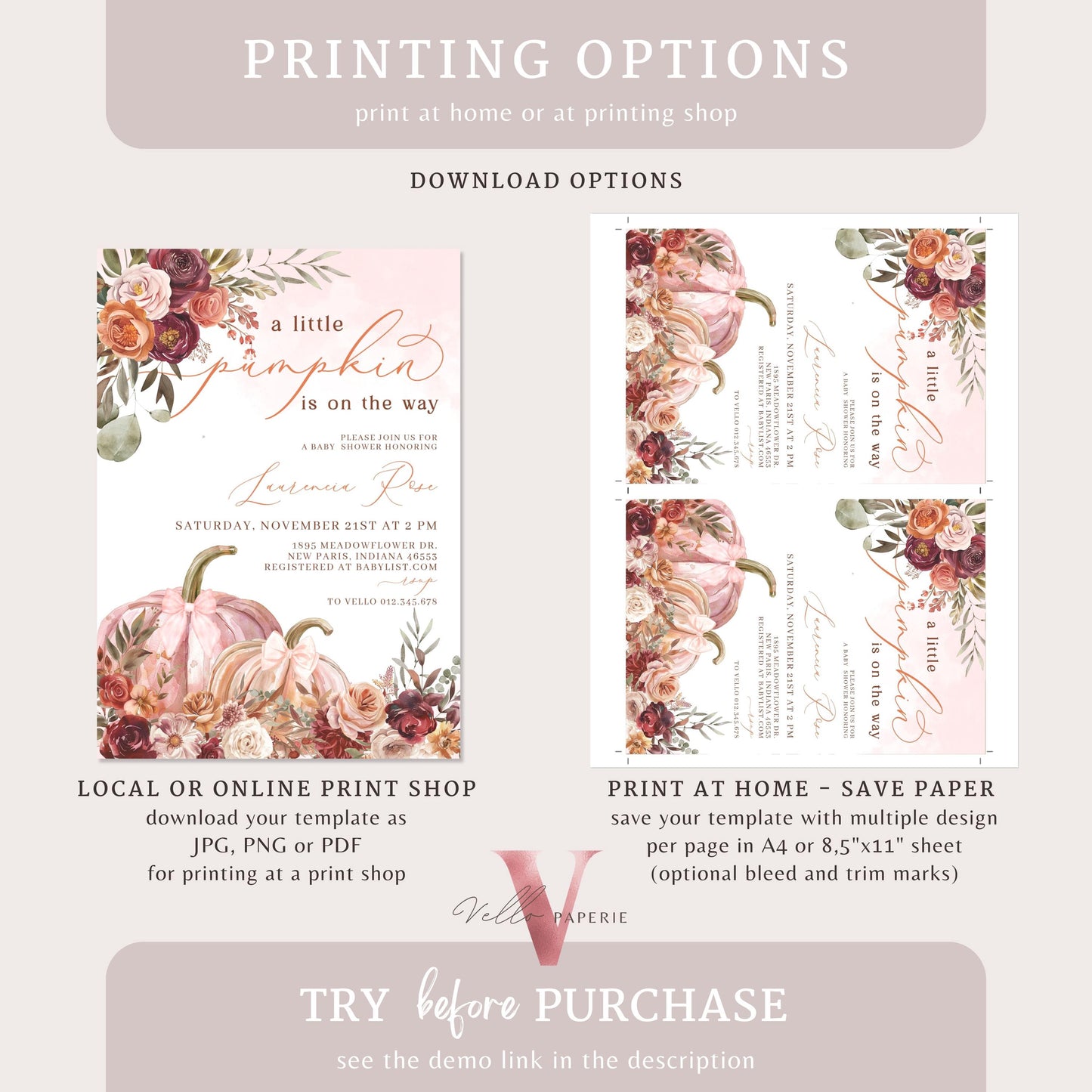 Little Pumpkin FALL Baby Shower Invitation | Autumn Floral Pumpkin Baby Shower Invite | Modern Boho Burgundy Orange Pumpkin Baby Flower