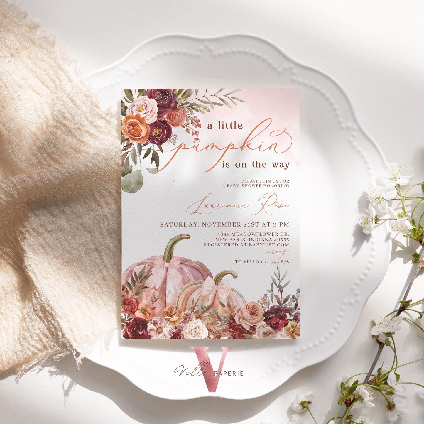 Little Pumpkin FALL Baby Shower Invitation | Autumn Floral Pumpkin Baby Shower Invite | Modern Boho Burgundy Orange Pumpkin Baby Flower