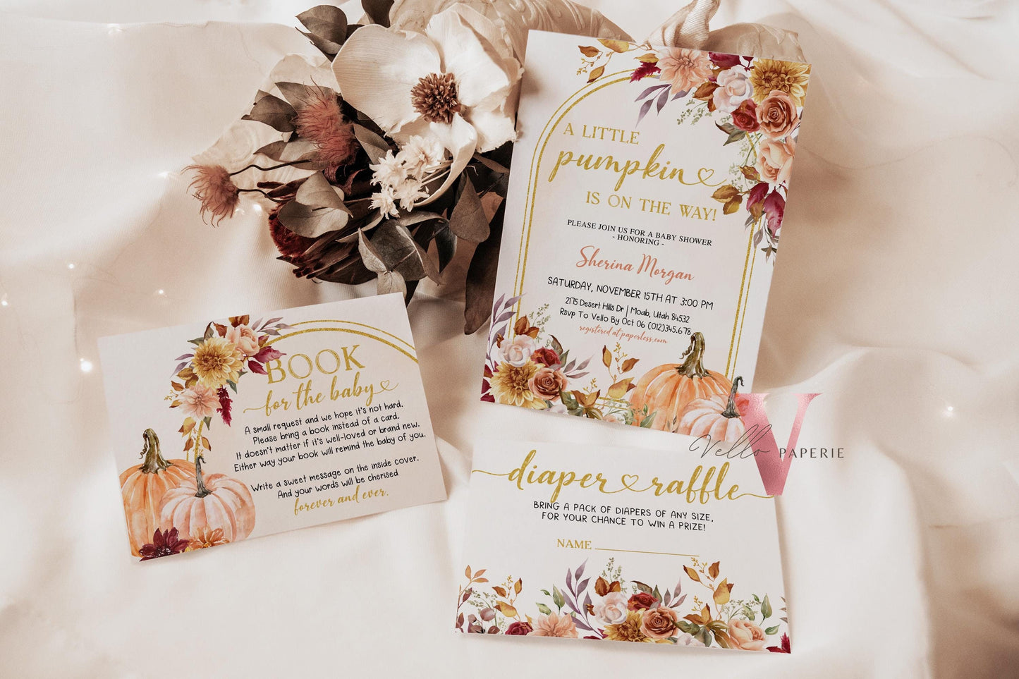 Little Pumpkin Fall Baby Shower Invitation Bundle | Autumn Floral Pumpkin Baby | Gold Baby Shower Invite, Diaper, Book, TQ, Favor Tag  FPB01