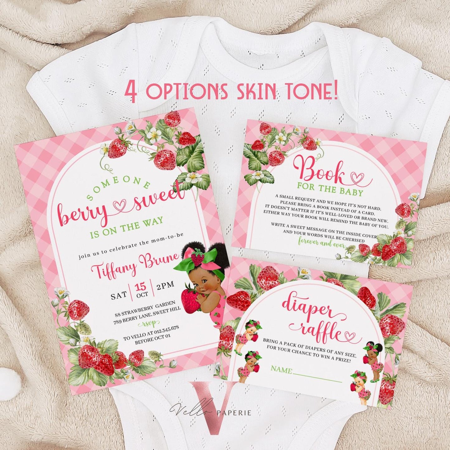 Any Skin Tone Strawberry Baby Shower Invitation | Berry Sweet Baby on the Way Invite | Sweet Berry Baby Shower Invite | Baby Girl Reveal