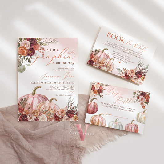 Little Pumpkin FALL Baby Shower Invitation | Autumn Floral Pumpkin Baby Shower Invite | Modern Boho Burgundy Orange Pumpkin Baby Flower