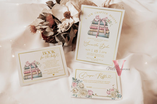 Free Diaper Raffle, Book, Thankyou Card | Storybook Baby Shower Invitation Bundle | New Chapter is About to Begin Book Baby Shower Invite