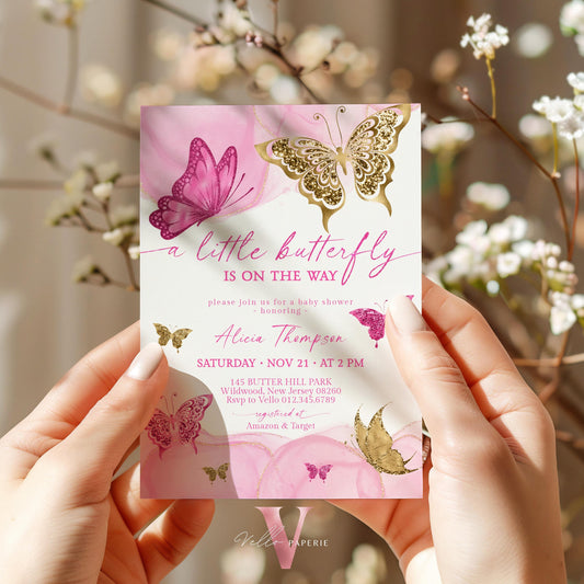 Bundle Pink Gold Watercolor Butterfly Baby Shower Party Invitation | Baby Butterfly Welcome Party Invite | Diaper Raffle, Book for Baby, TQ