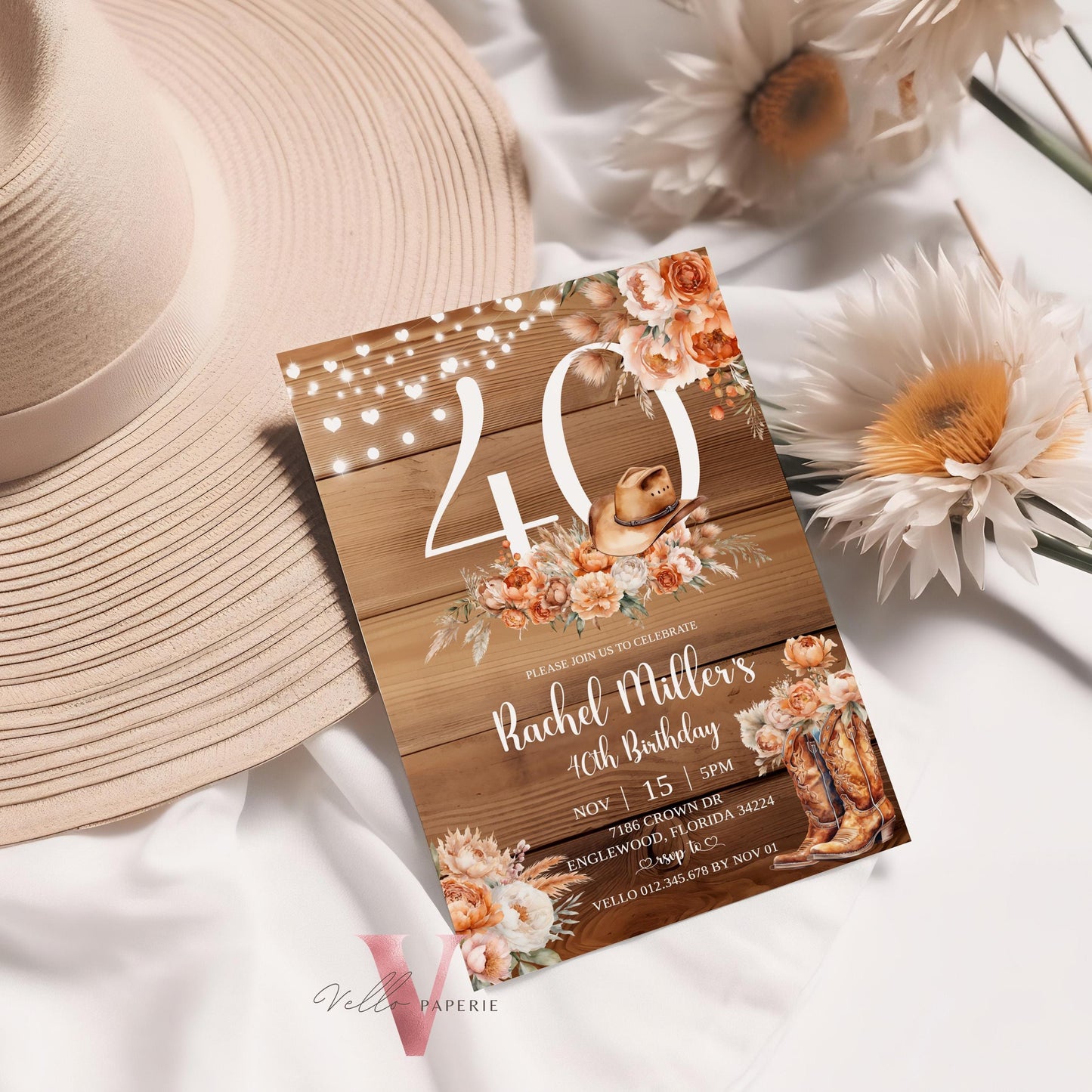 Western Rustic FALL EDITABLE AGE Birthday Party Invitation | Autumn Floral Pumpkin Birthday Invite | Rustic Wooden Terracota Autumn Flower