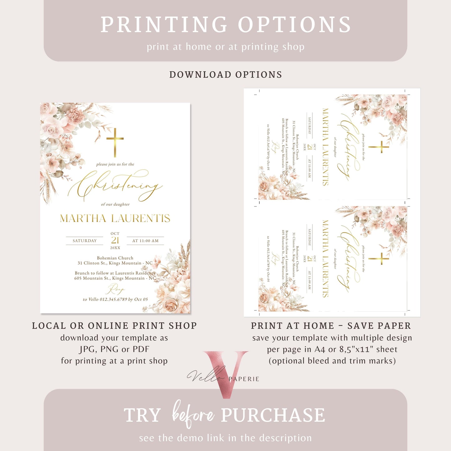 Modern BOHO Cross Christening Invitation | Wildflower Pampas Grass Baptism Invite | Free Digital Invite Include | Optional Photo | Favor Tag