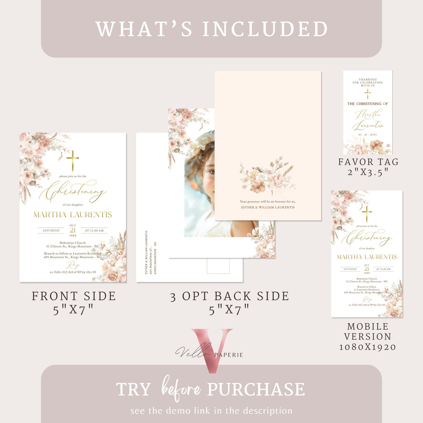 Modern BOHO Cross Christening Invitation | Wildflower Pampas Grass Baptism Invite | Free Digital Invite Include | Optional Photo | Favor Tag
