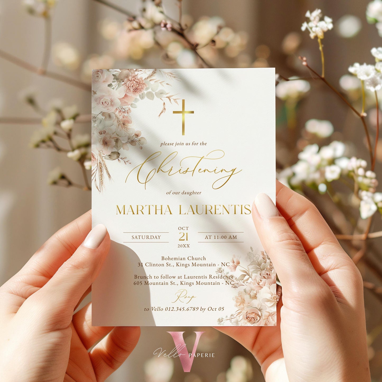 Modern BOHO Cross Christening Invitation | Wildflower Pampas Grass Baptism Invite | Free Digital Invite Include | Optional Photo | Favor Tag