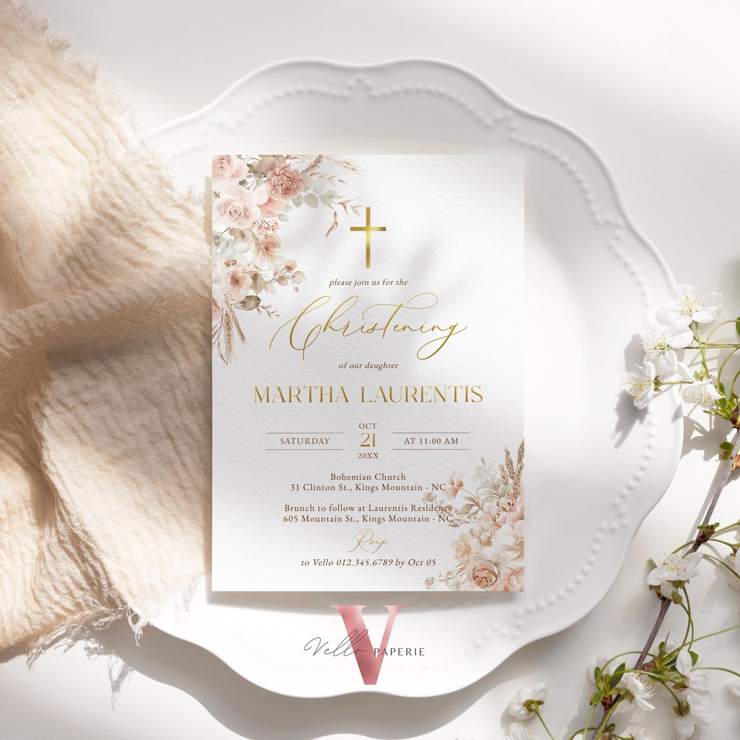 Modern BOHO Cross Christening Invitation | Wildflower Pampas Grass Baptism Invite | Free Digital Invite Include | Optional Photo | Favor Tag
