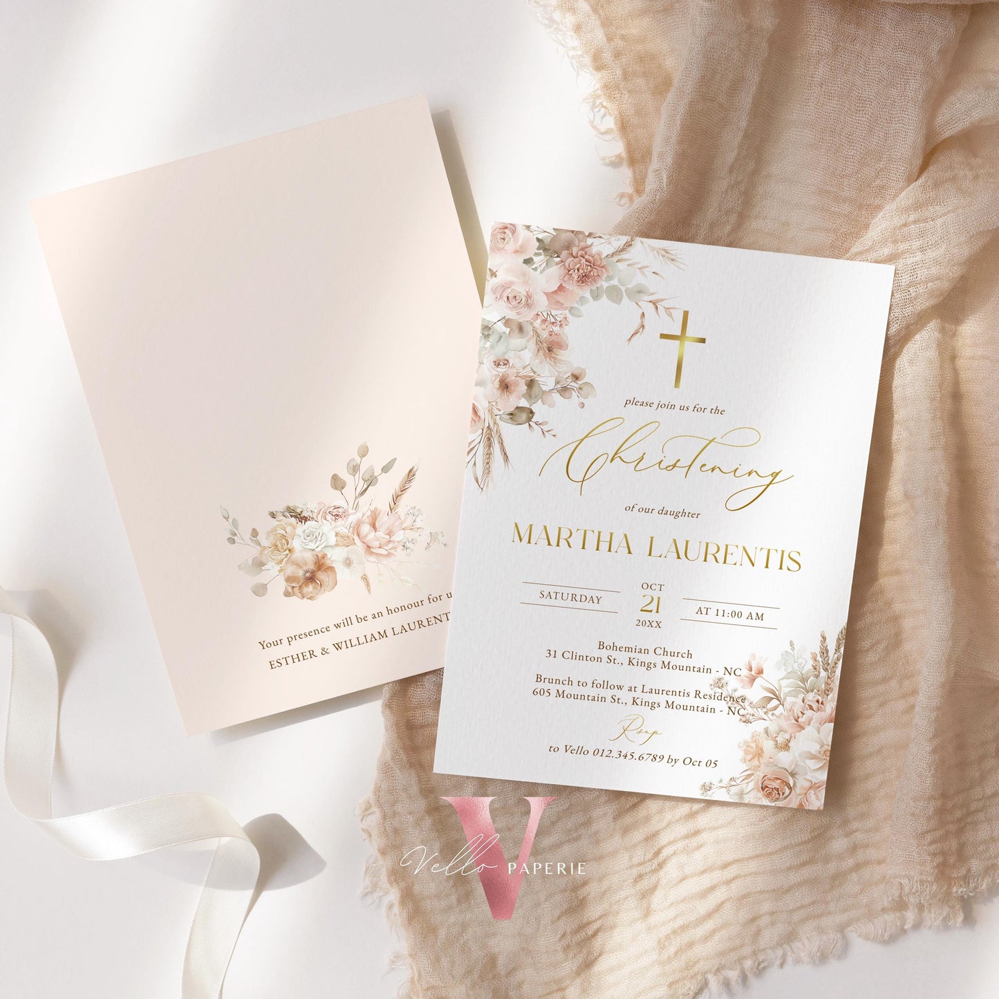 Modern BOHO Cross Christening Invitation | Wildflower Pampas Grass Baptism Invite | Free Digital Invite Include | Optional Photo | Favor Tag