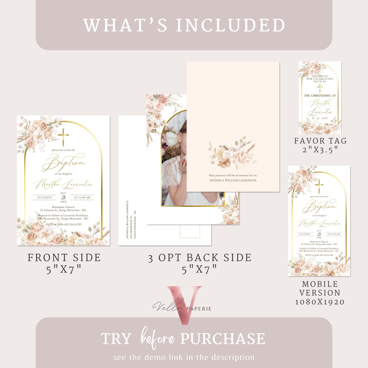 Modern BOHO Cross BAPTISM Invitation | Pampas Grass Christening Invite | Baby Dedication | Free Digital Invite, Optional Photo, Favor Tag