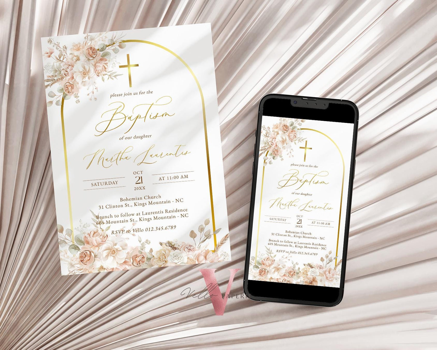 Modern BOHO Cross BAPTISM Invitation | Pampas Grass Christening Invite | Baby Dedication | Free Digital Invite, Optional Photo, Favor Tag