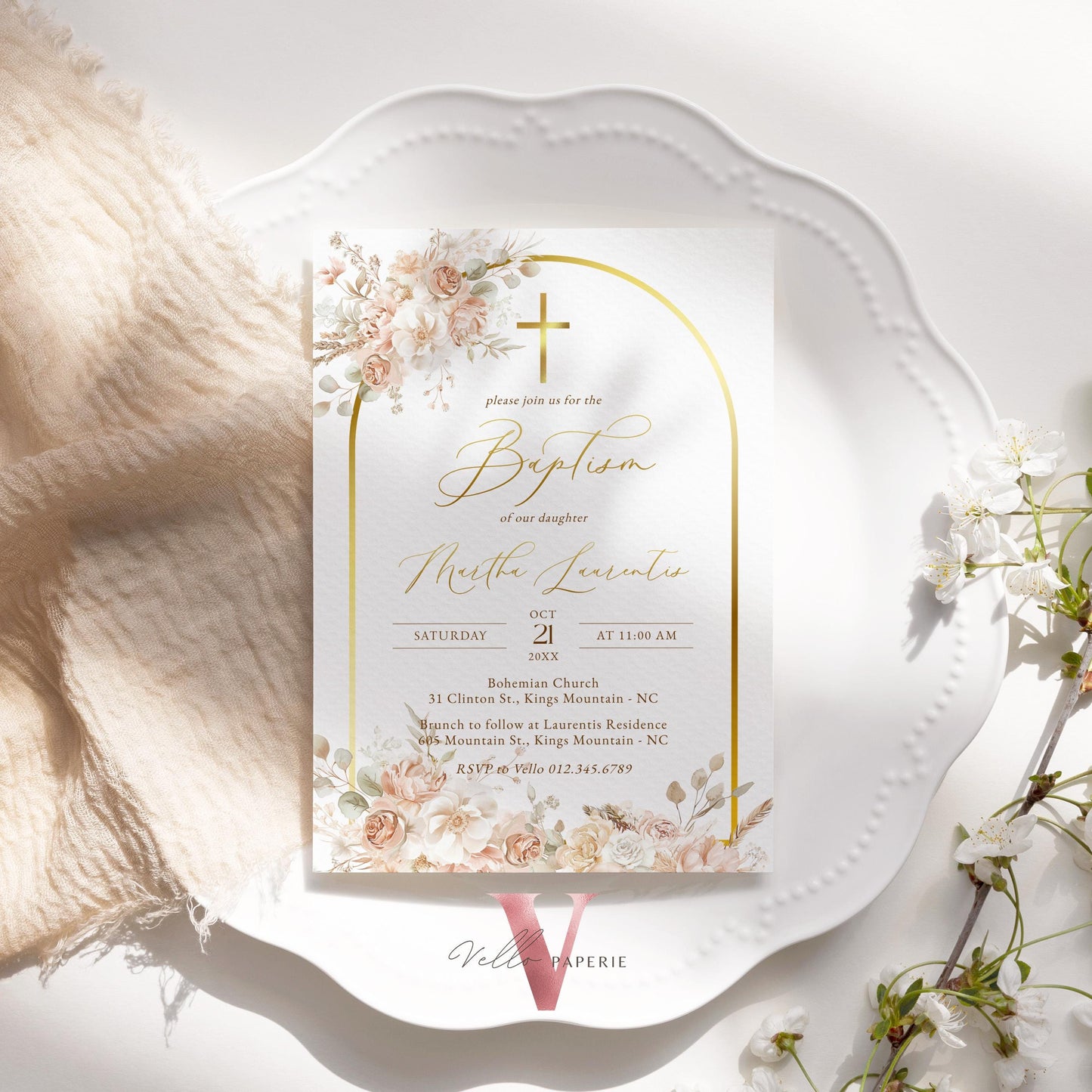 Modern BOHO Cross BAPTISM Invitation | Pampas Grass Christening Invite | Baby Dedication | Free Digital Invite, Optional Photo, Favor Tag