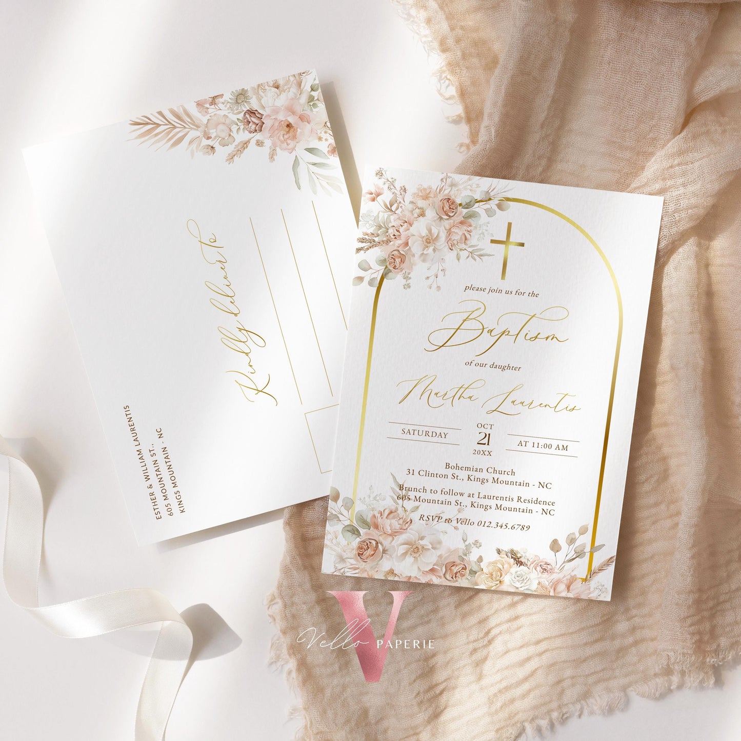 Modern BOHO Cross BAPTISM Invitation | Pampas Grass Christening Invite | Baby Dedication | Free Digital Invite, Optional Photo, Favor Tag