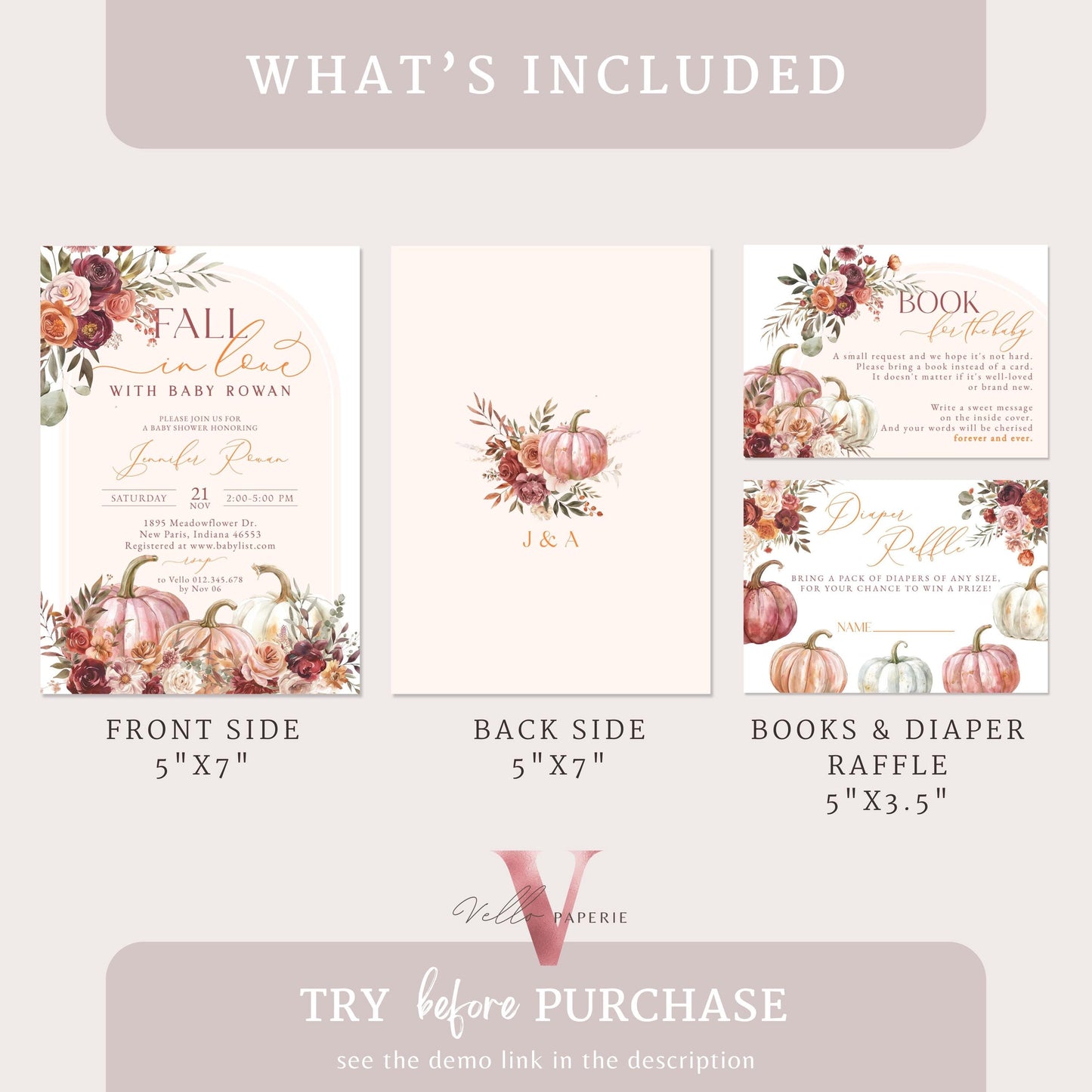 Pumpkin FALL IN LOVE Baby Shower Invitation | Autumn Floral Pumpkin Baby Shower Invite | Modern Boho Burgundy Orange Pumpkin Baby Flower