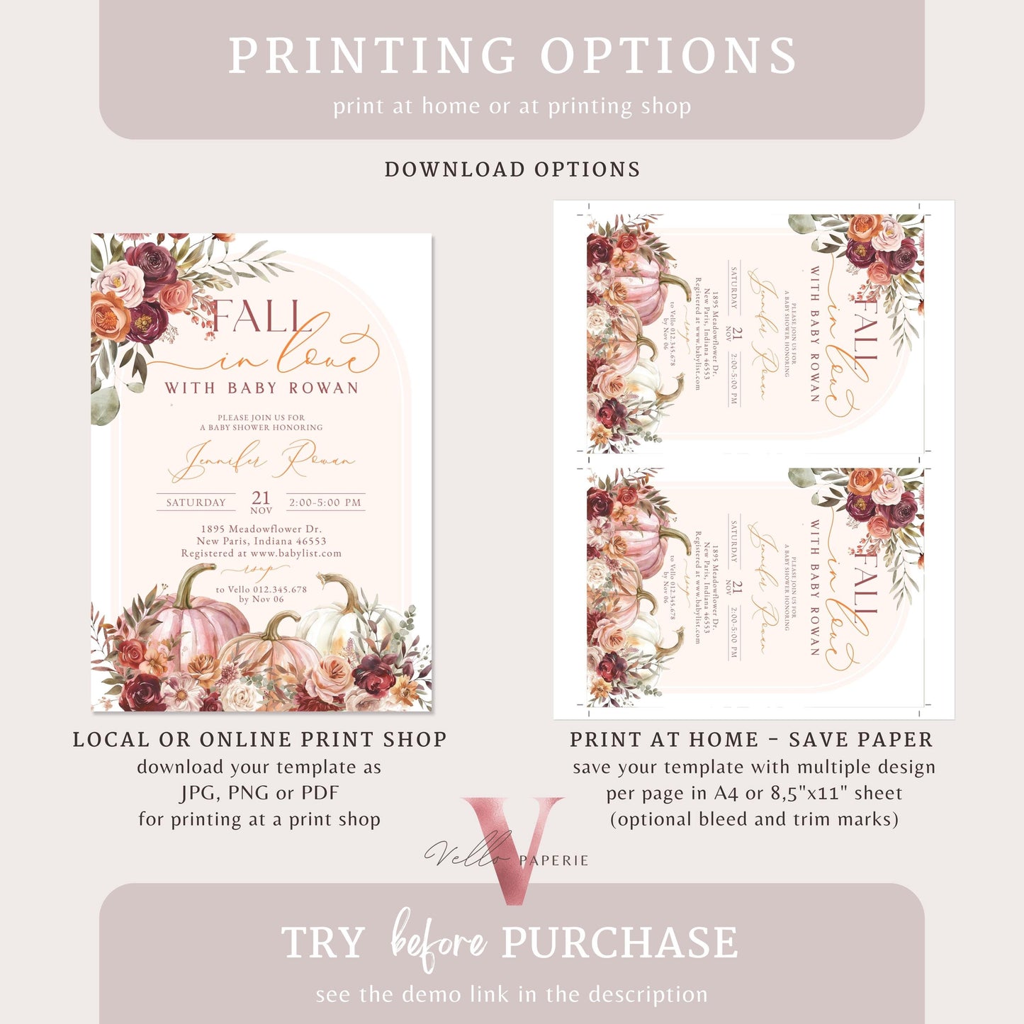 Pumpkin FALL IN LOVE Baby Shower Invitation | Autumn Floral Pumpkin Baby Shower Invite | Modern Boho Burgundy Orange Pumpkin Baby Flower