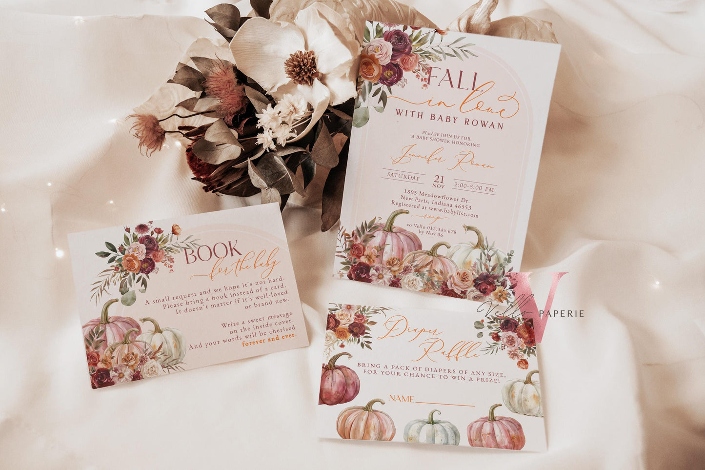 Pumpkin FALL IN LOVE Baby Shower Invitation | Autumn Floral Pumpkin Baby Shower Invite | Modern Boho Burgundy Orange Pumpkin Baby Flower
