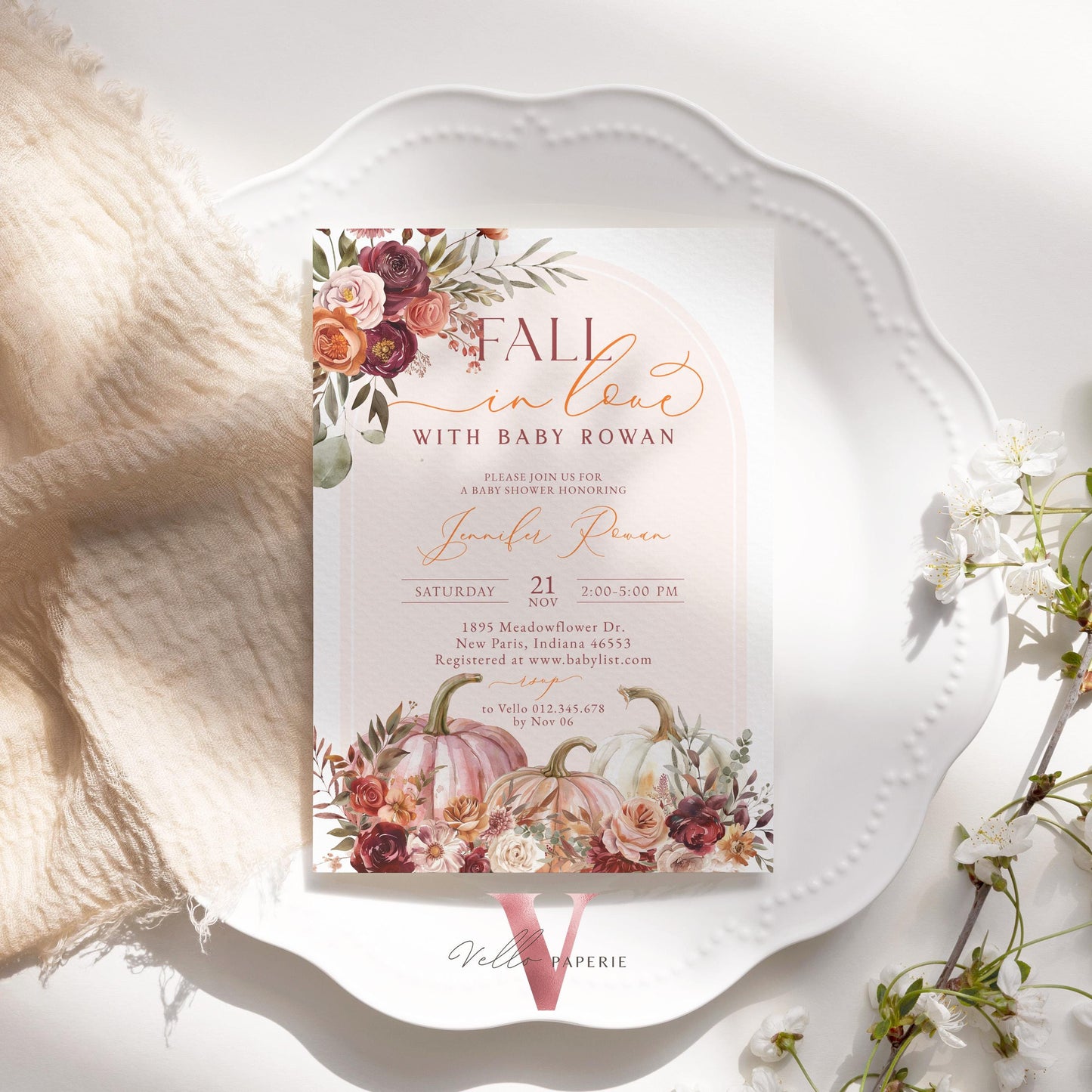 Pumpkin FALL IN LOVE Baby Shower Invitation | Autumn Floral Pumpkin Baby Shower Invite | Modern Boho Burgundy Orange Pumpkin Baby Flower
