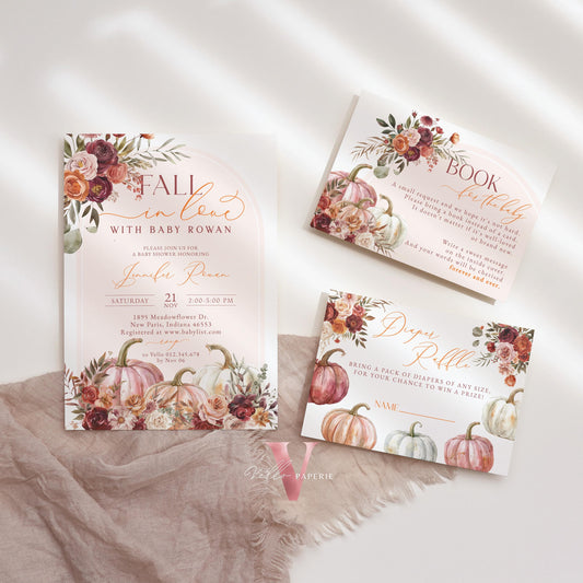 Pumpkin FALL IN LOVE Baby Shower Invitation | Autumn Floral Pumpkin Baby Shower Invite | Modern Boho Burgundy Orange Pumpkin Baby Flower