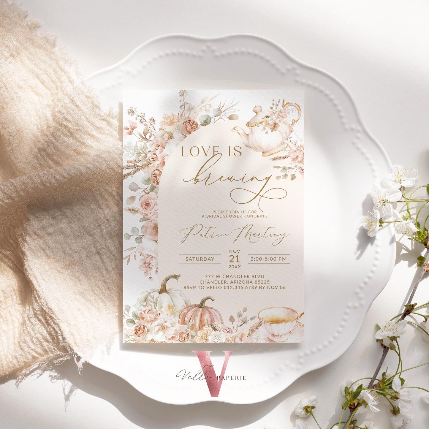 FALL Love is Brewing Tea Pumpkin Autumn Bridal Shower Invitation | Tea Brewing Bride Shower Invite, Beige Gold Boho Floral Wedding Shower