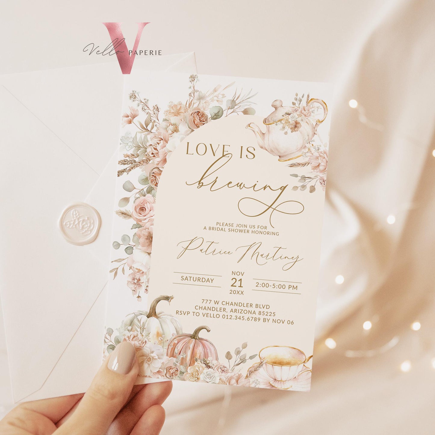FALL Love is Brewing Tea Pumpkin Autumn Bridal Shower Invitation | Tea Brewing Bride Shower Invite, Beige Gold Boho Floral Wedding Shower