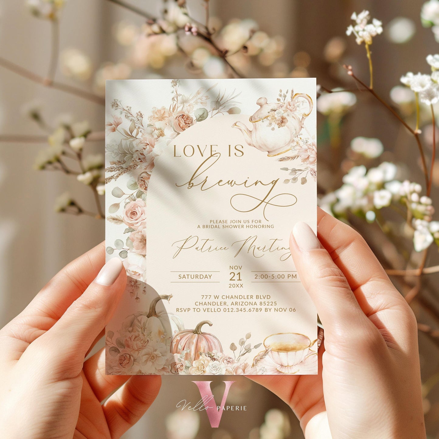 FALL Love is Brewing Tea Pumpkin Autumn Bridal Shower Invitation | Tea Brewing Bride Shower Invite, Beige Gold Boho Floral Wedding Shower