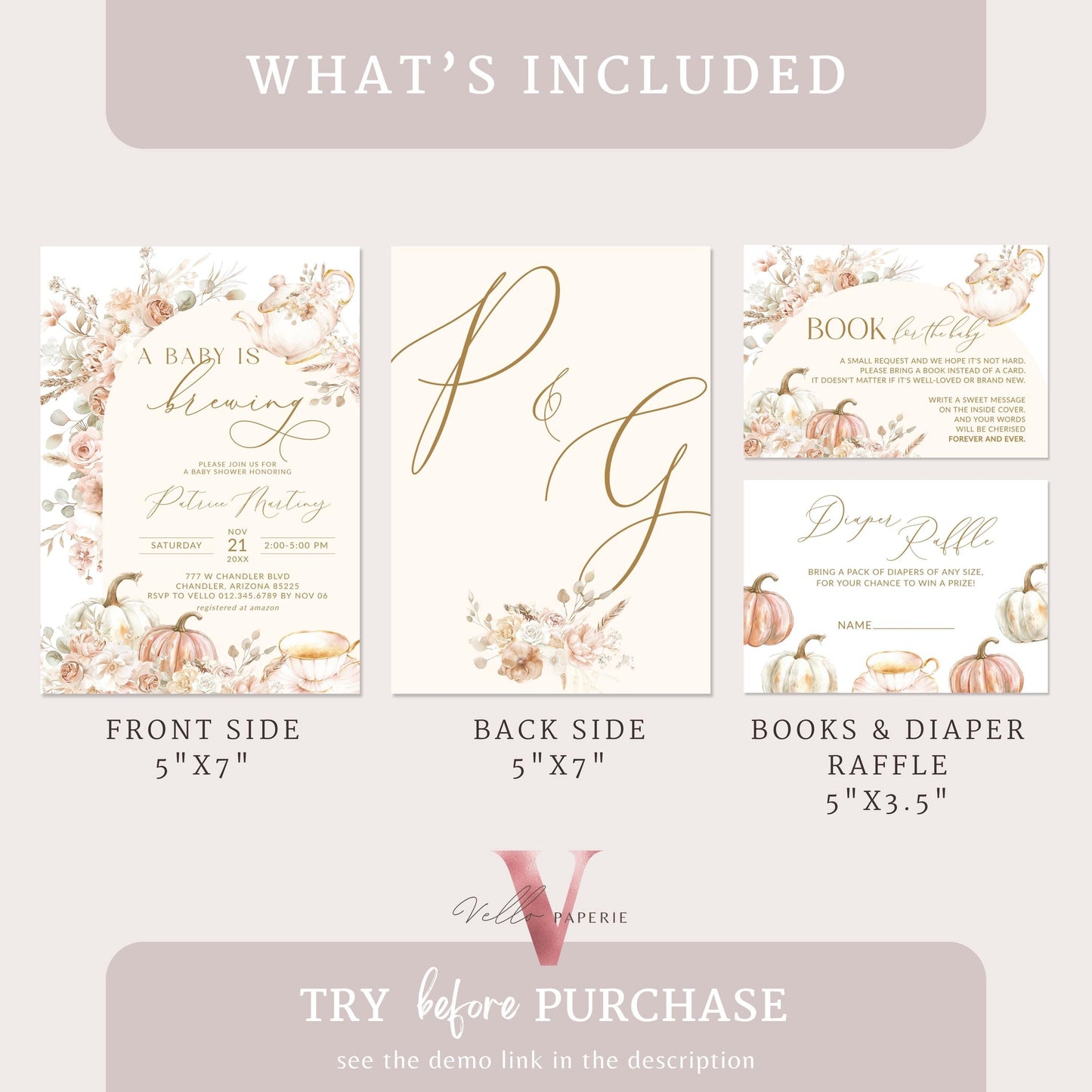 FALL a BABY is BREWING Tea Pumpkin Autumn Baby Shower Invitation | Tea Baby Brewing Shower Invite, Beige Gold Boho Floral Pumpkin Tea Party