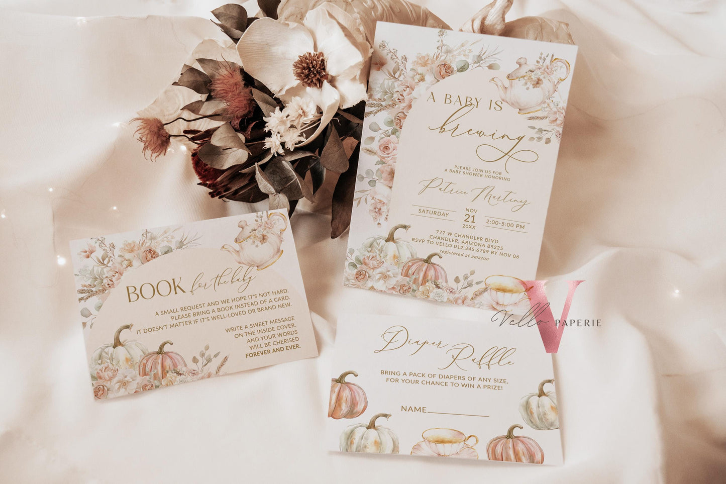 FALL a BABY is BREWING Tea Pumpkin Autumn Baby Shower Invitation | Tea Baby Brewing Shower Invite, Beige Gold Boho Floral Pumpkin Tea Party