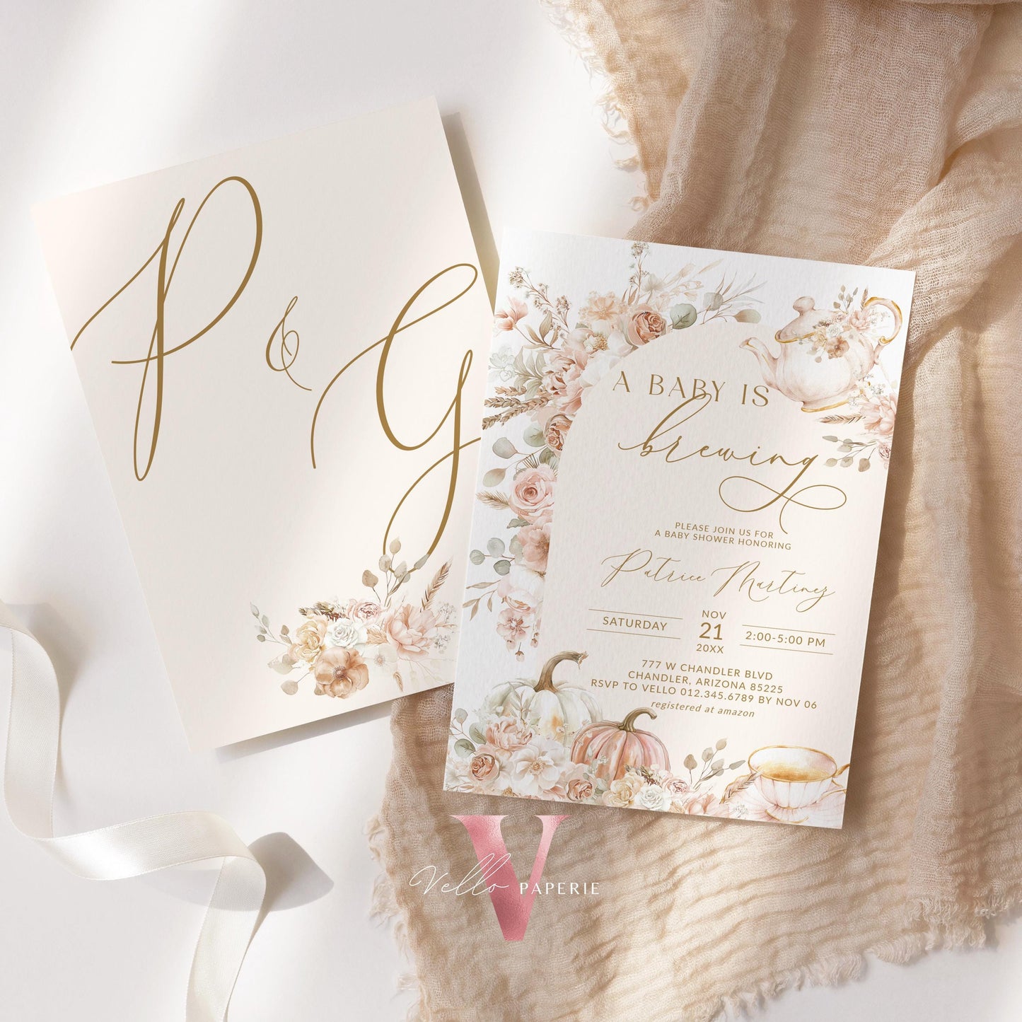 FALL a BABY is BREWING Tea Pumpkin Autumn Baby Shower Invitation | Tea Baby Brewing Shower Invite, Beige Gold Boho Floral Pumpkin Tea Party