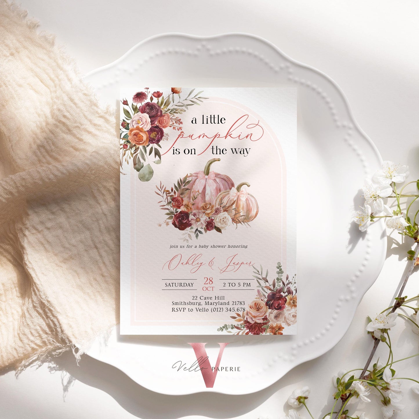 Little Pumpkin on Way FALL Baby Shower Invitation | Autumn Floral Pumpkin Baby Shower Invite | Modern Burgundy Orange Pumpkin Baby Flower
