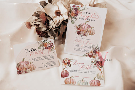 Little Pumpkin on Way FALL Baby Shower Invitation | Autumn Floral Pumpkin Baby Shower Invite | Modern Burgundy Orange Pumpkin Baby Flower
