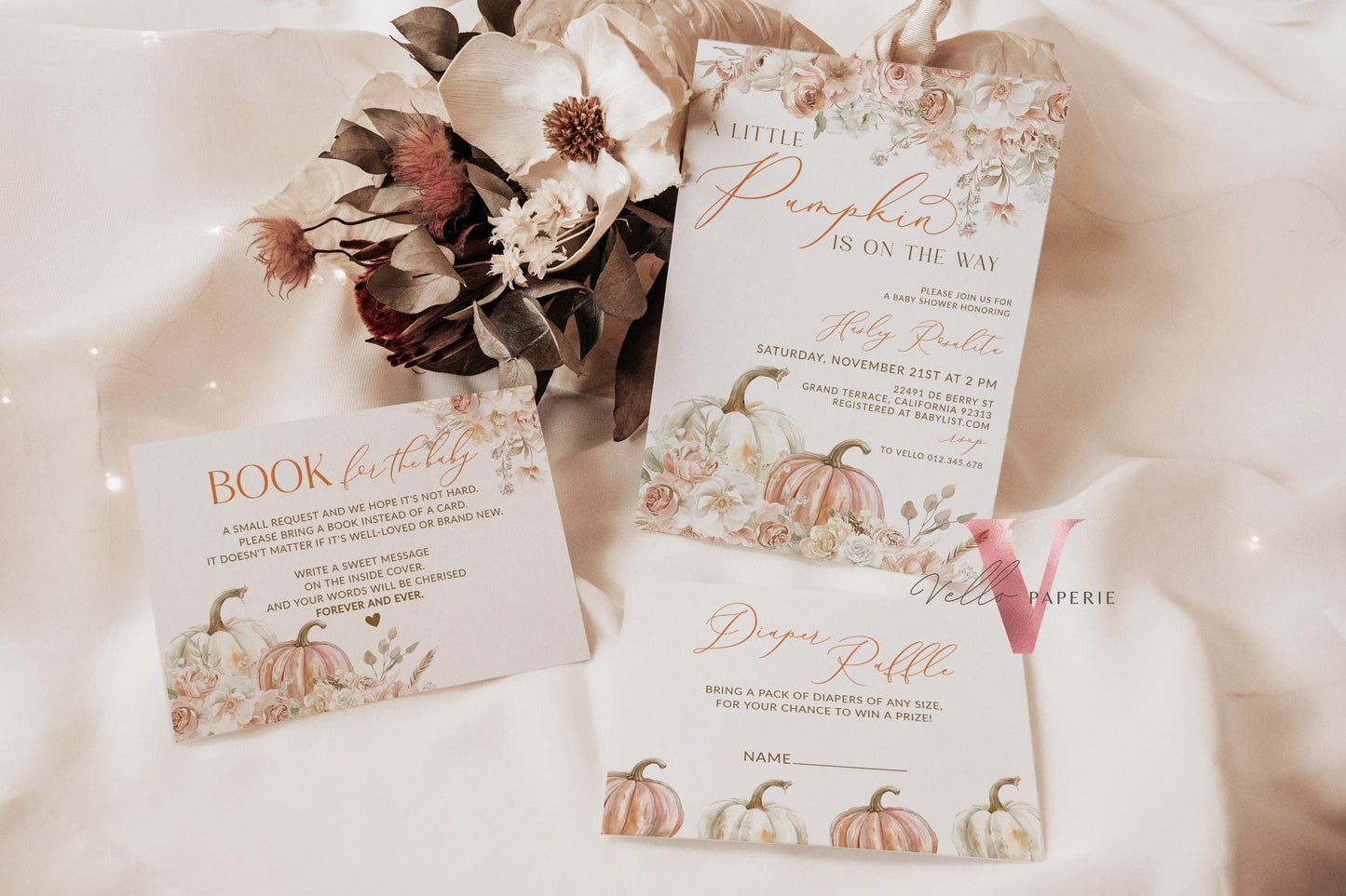 Little Pumpkin On The Way FALL Baby Shower Invitation | Autumn Floral Pumpkin Baby Shower Invite | Modern Boho Beige  Pumpkin Baby Flower