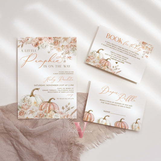 Little Pumpkin On The Way FALL Baby Shower Invitation | Autumn Floral Pumpkin Baby Shower Invite | Modern Boho Beige  Pumpkin Baby Flower