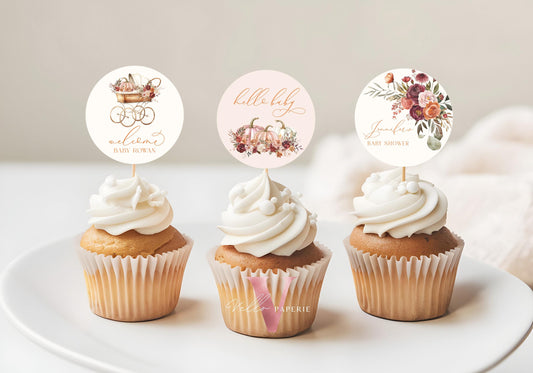 Pumpkin FALL in Love Baby Shower Cupcake Topper | Autumn Floral Pumpkin Cake Decor | Fall Baby Stroller Carriage Shower Favor Topper FPB02