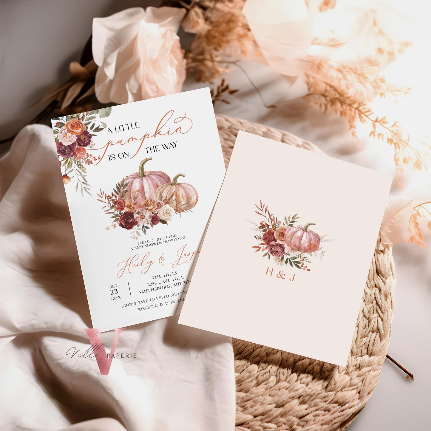 Little Pumpkin Fall Baby Shower Invitation | Autumn Floral Pumpkin Baby Shower Invite | Modern Boho Burgundy Orange Pumpkin Baby Flower