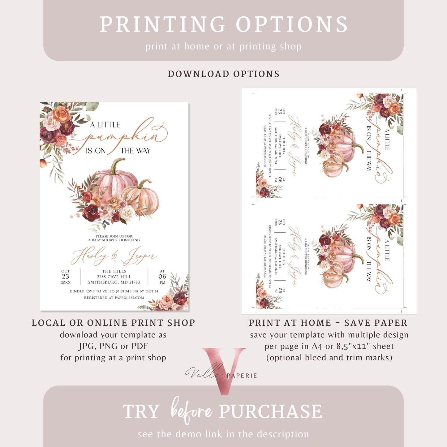 Little Pumpkin Fall Baby Shower Invitation | Autumn Floral Pumpkin Baby Shower Invite | Modern Boho Burgundy Orange Pumpkin Baby Flower