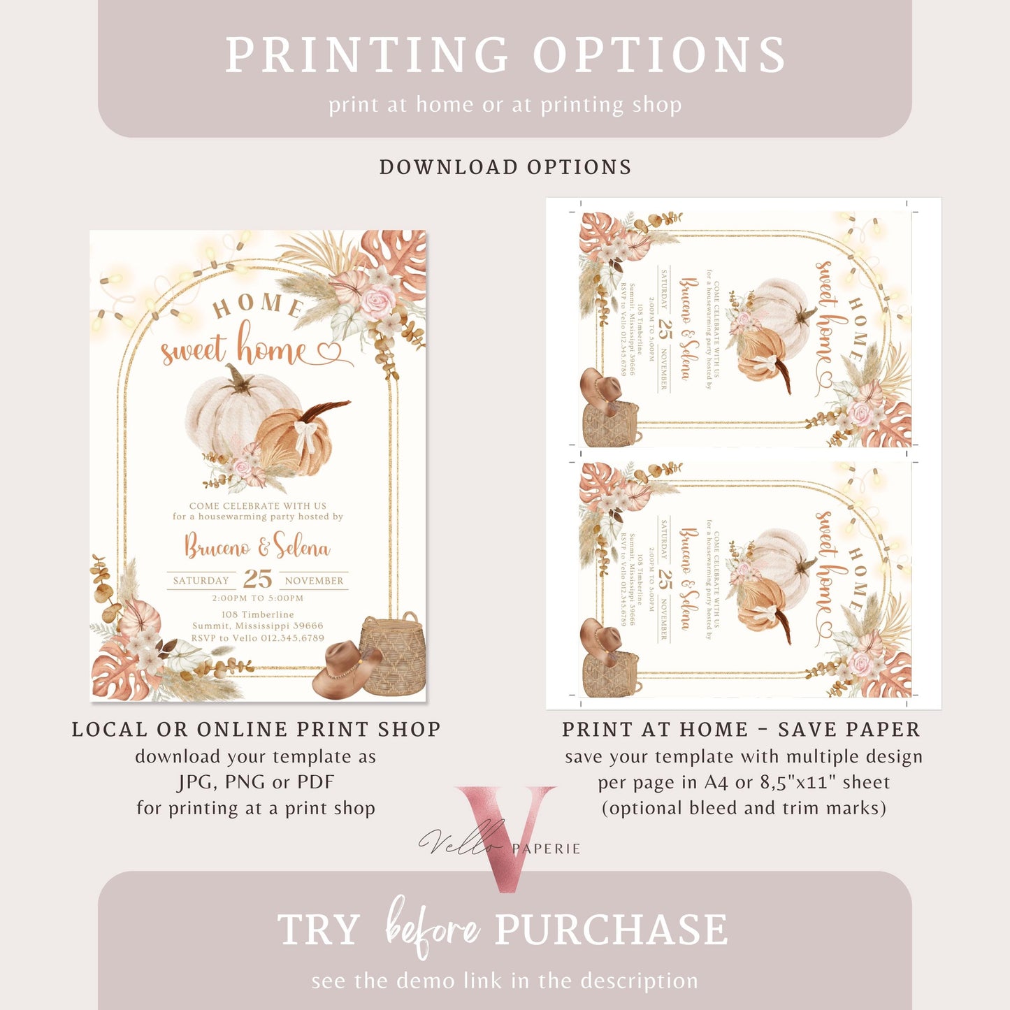 Boho Floral House Warming Invitation | FALL Beige Pumpkin Home Sweet Home Party Invite | Modern Rustic New House Celebration Autumn Flower
