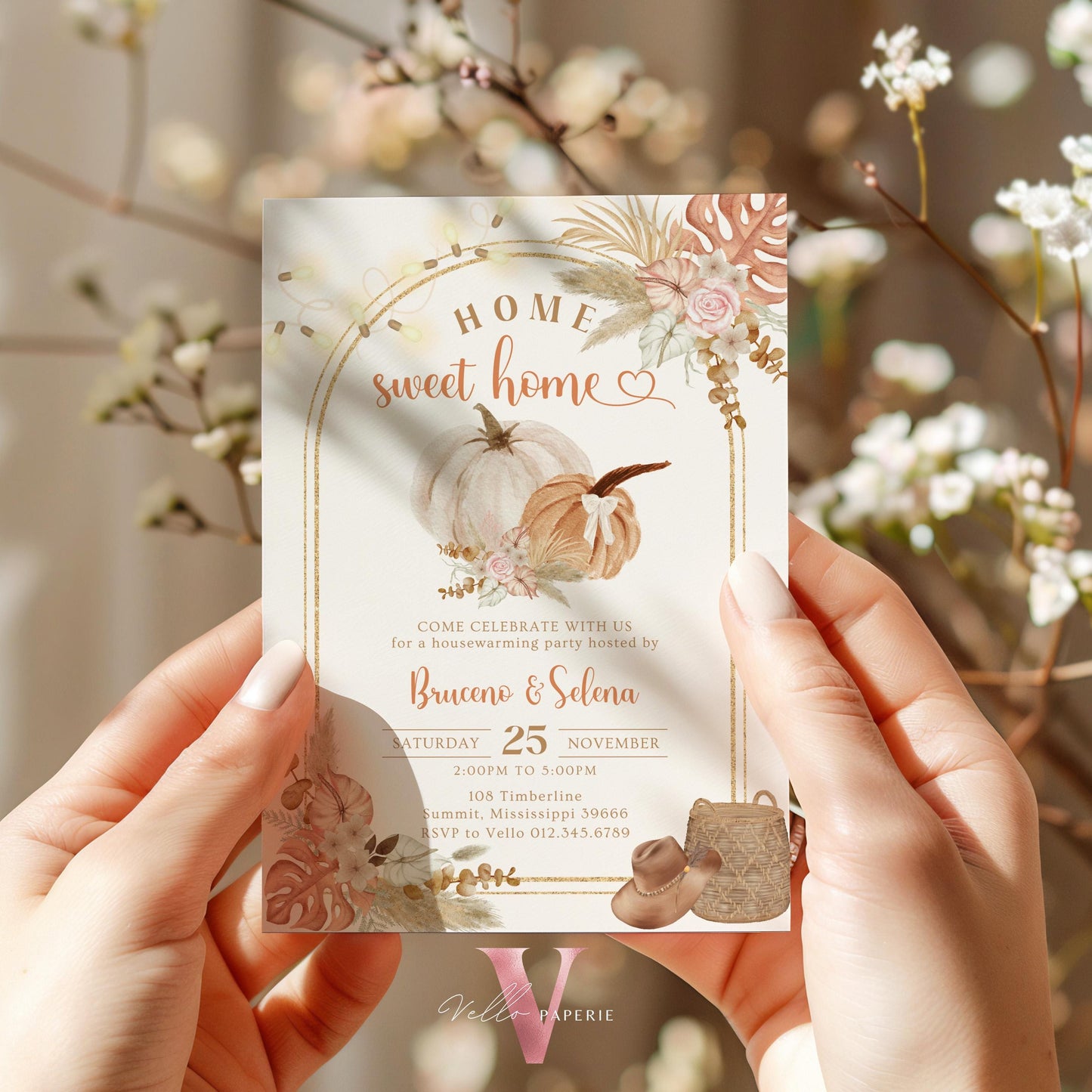 Boho Floral House Warming Invitation | FALL Beige Pumpkin Home Sweet Home Party Invite | Modern Rustic New House Celebration Autumn Flower