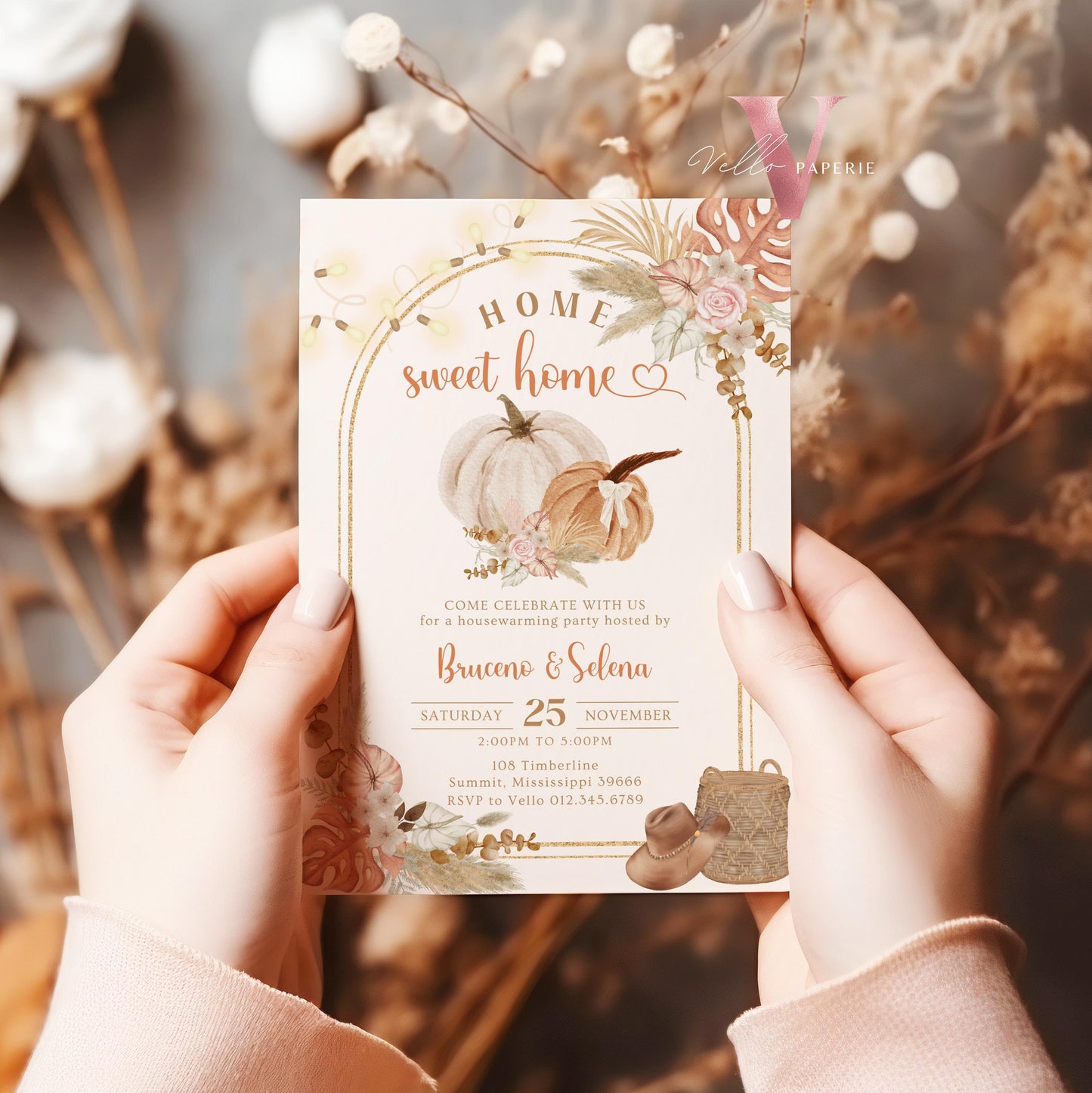 Boho Floral House Warming Invitation | FALL Beige Pumpkin Home Sweet Home Party Invite | Modern Rustic New House Celebration Autumn Flower