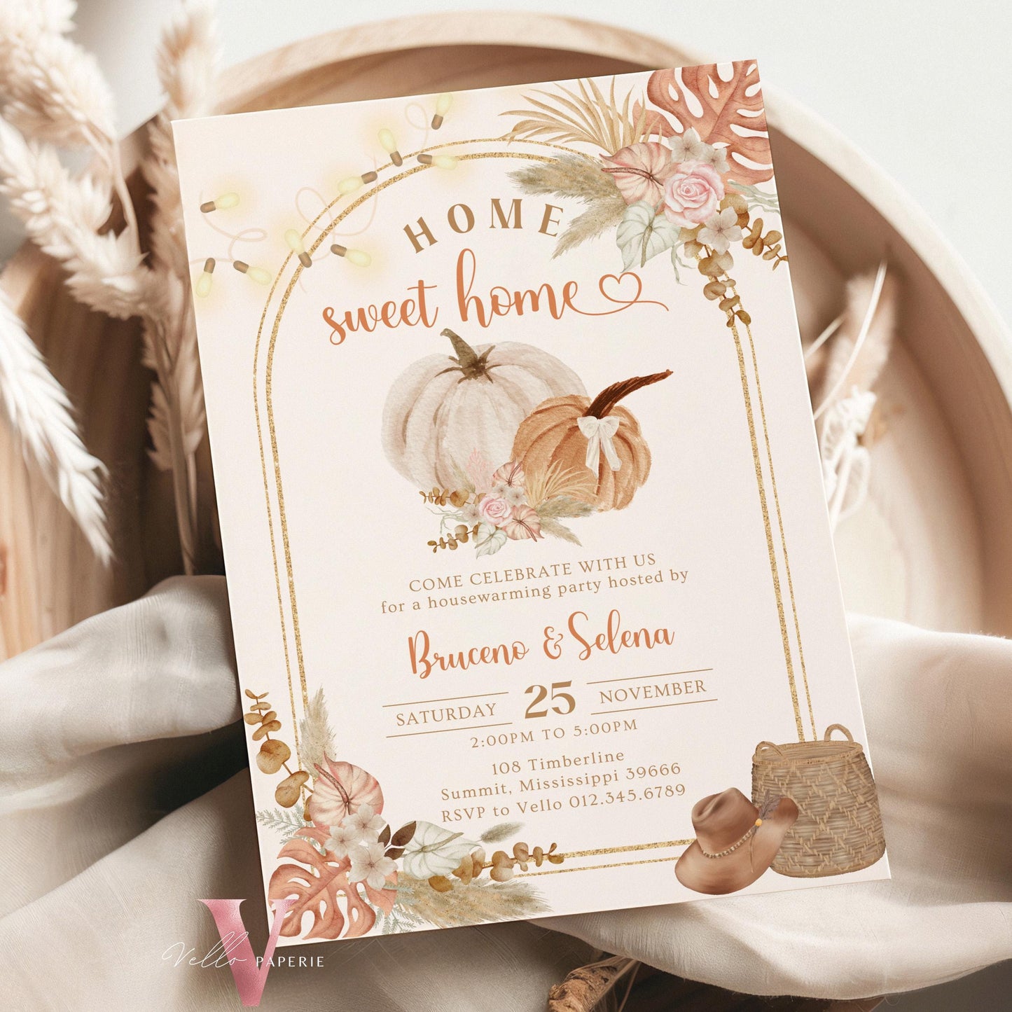 Boho Floral House Warming Invitation | FALL Beige Pumpkin Home Sweet Home Party Invite | Modern Rustic New House Celebration Autumn Flower