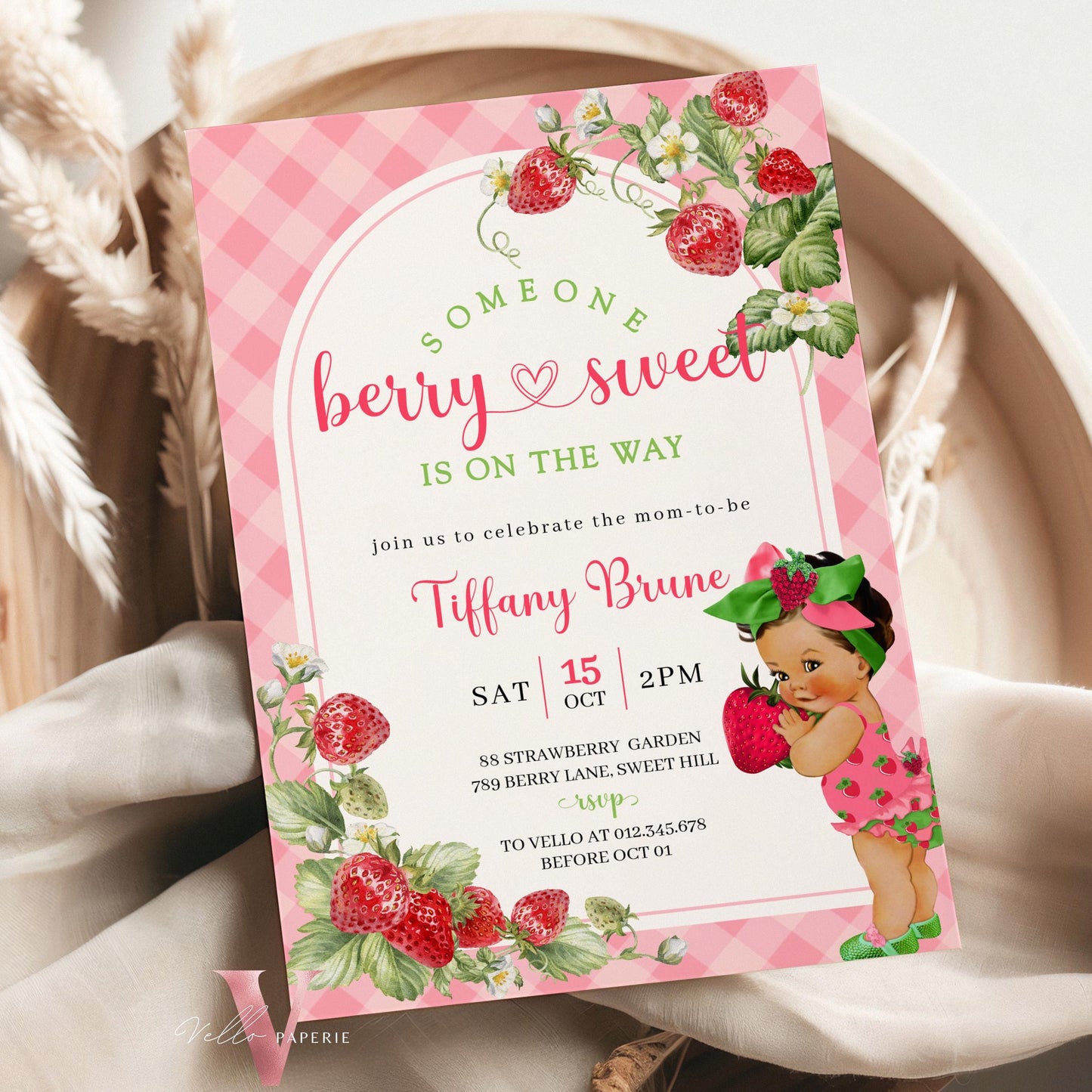 Any Skin Tone Strawberry Baby Shower Invitation | Berry Sweet Baby on the Way Invite | Sweet Berry Baby Shower Invite | Baby Girl Reveal