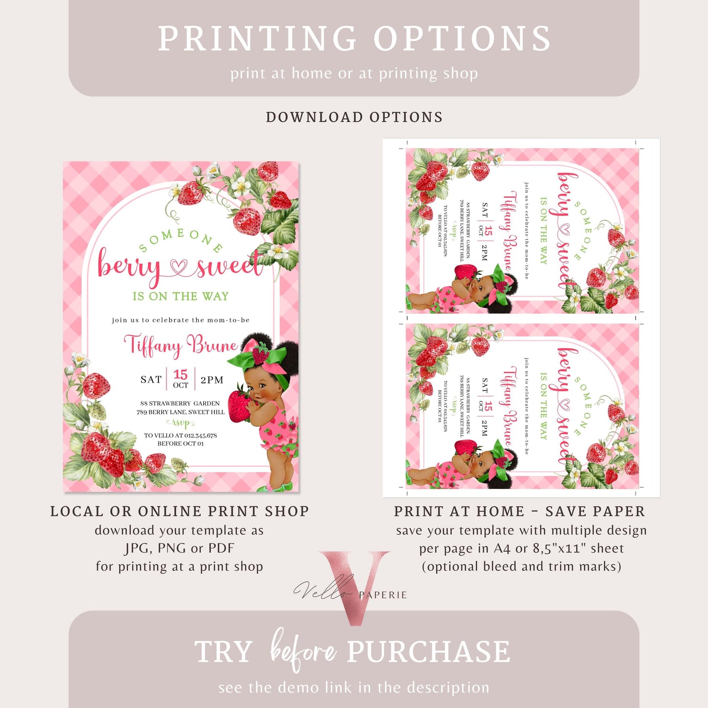 Any Skin Tone Strawberry Baby Shower Invitation | Berry Sweet Baby on the Way Invite | Sweet Berry Baby Shower Invite | Baby Girl Reveal