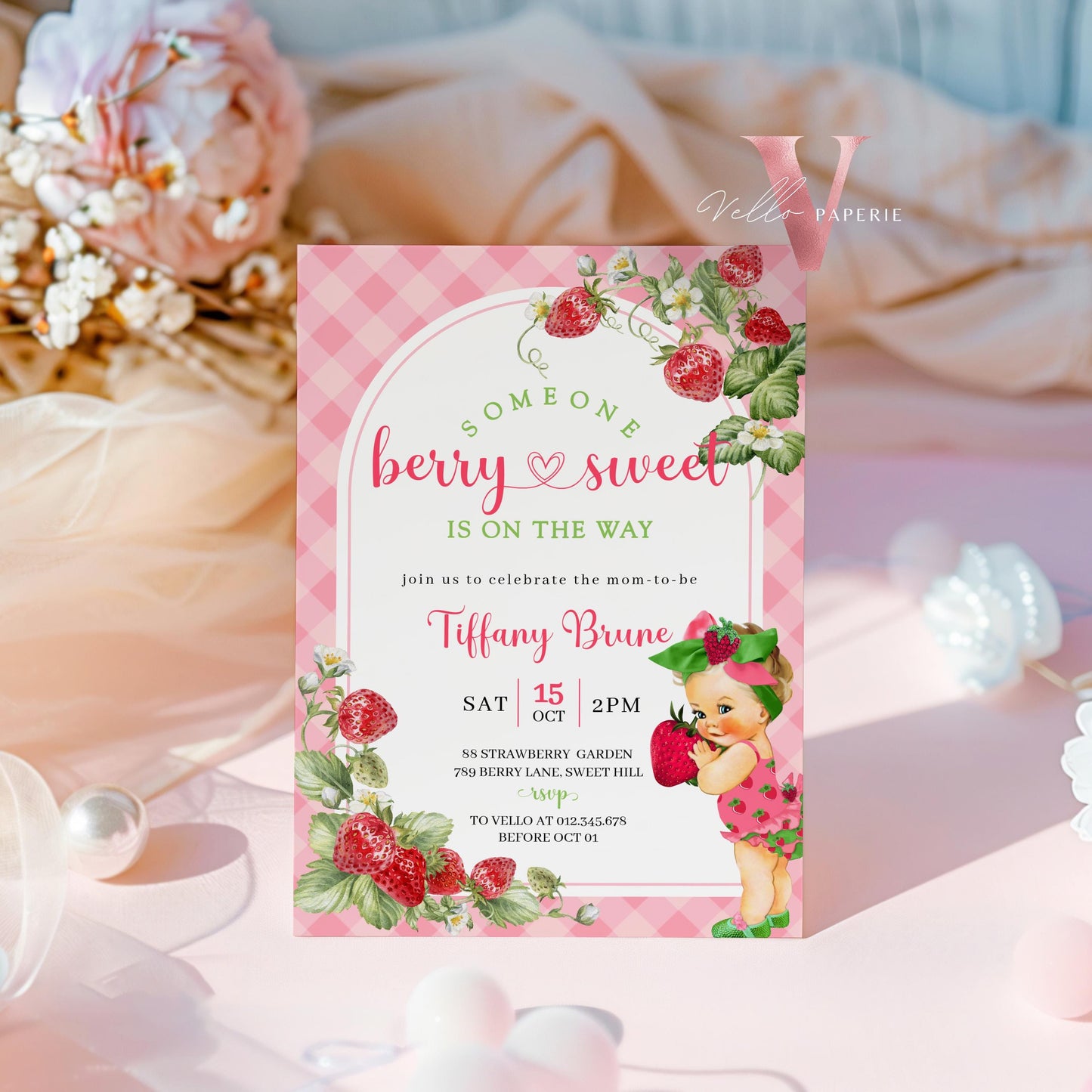 Any Skin Tone Strawberry Baby Shower Invitation | Berry Sweet Baby on the Way Invite | Sweet Berry Baby Shower Invite | Baby Girl Reveal