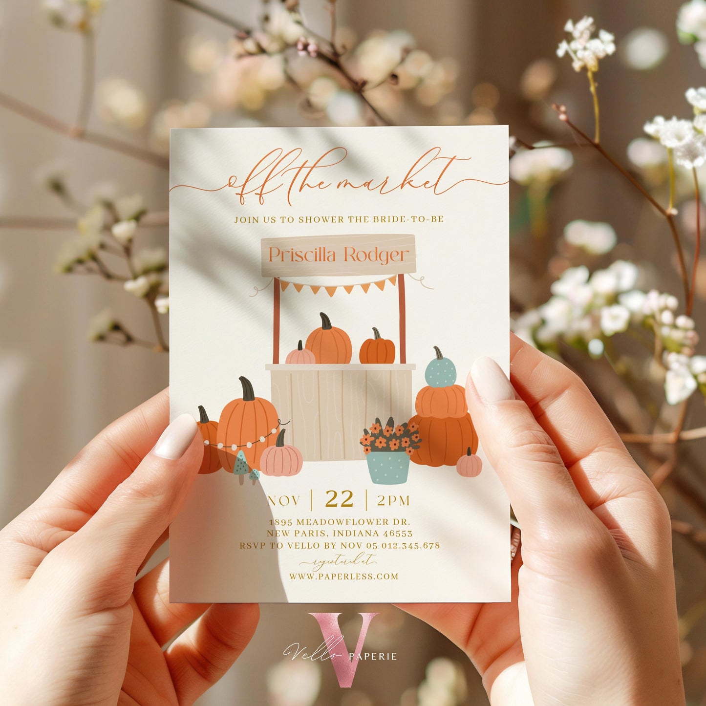 Grocery Off the Market Bridal Shower Party Invitation | She's off the Market Invite | Gold Red Farmer's Market Watercolor Bride Instant