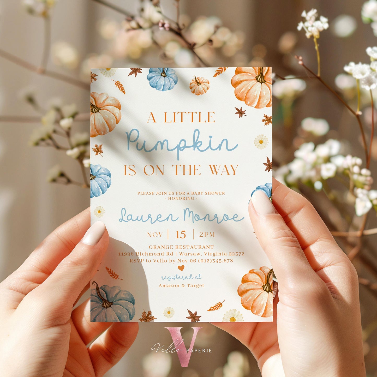 Neutral Gender Little Pumpkin Fall Baby Shower Invitation | Autumn Floral Pumpkin Baby Shower Invite | Modern Boho Blue Orange Pumpkin Baby